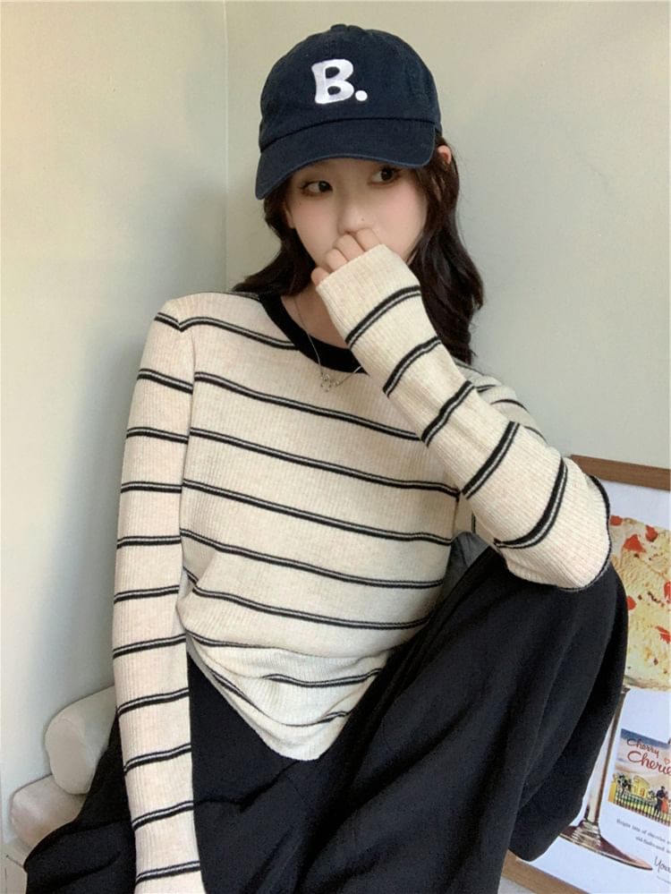 Ribbed Knit Crew Neck Striped Pullover