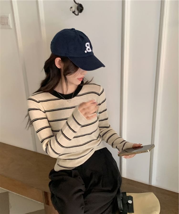 Ribbed Knit Crew Neck Striped Pullover