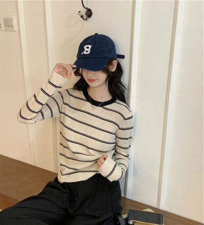 Ribbed Knit Crew Neck Striped Pullover