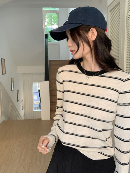 Ribbed Knit Crew Neck Striped Pullover