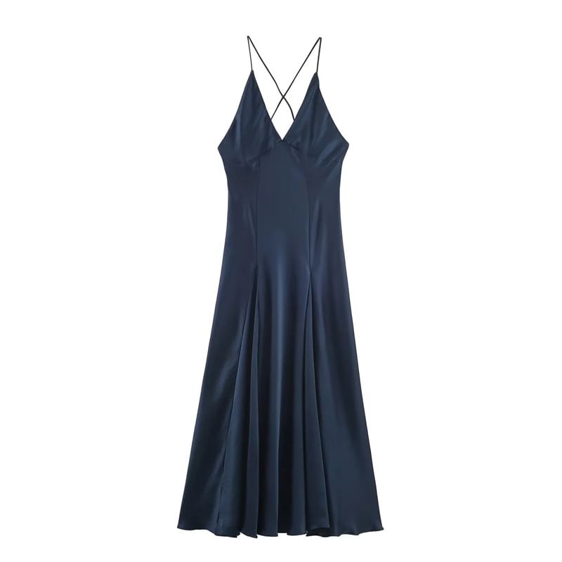 Spaghetti Strap V-Neck Plain Maxi A-Line Dress