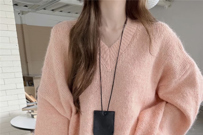 Relaxed V-Neck Knit Sweater with Solid Color