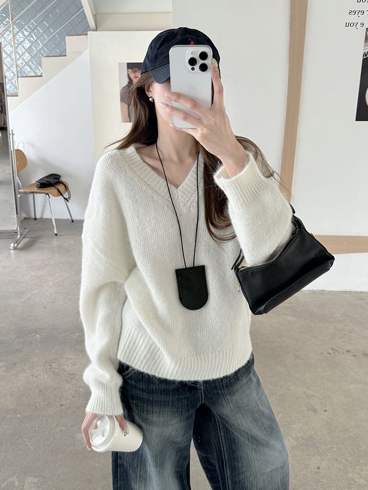 Relaxed V-Neck Knit Sweater with Solid Color