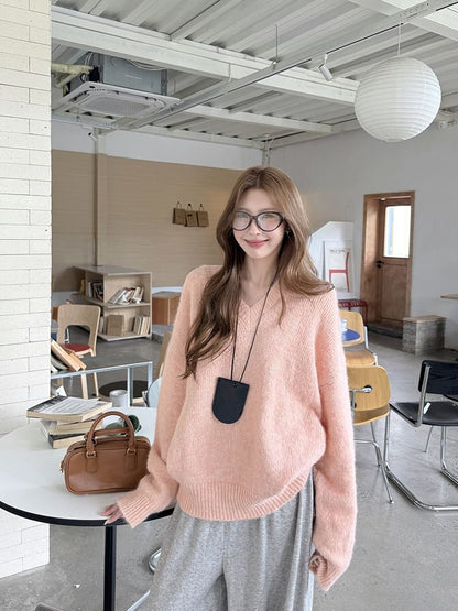 Relaxed V-Neck Knit Sweater with Solid Color