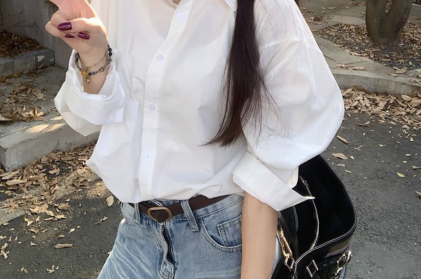 Loose-Fit Solid Long-Sleeve Button-Down Shirt