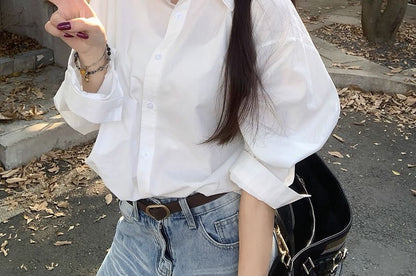 Loose-Fit Solid Long-Sleeve Button-Down Shirt