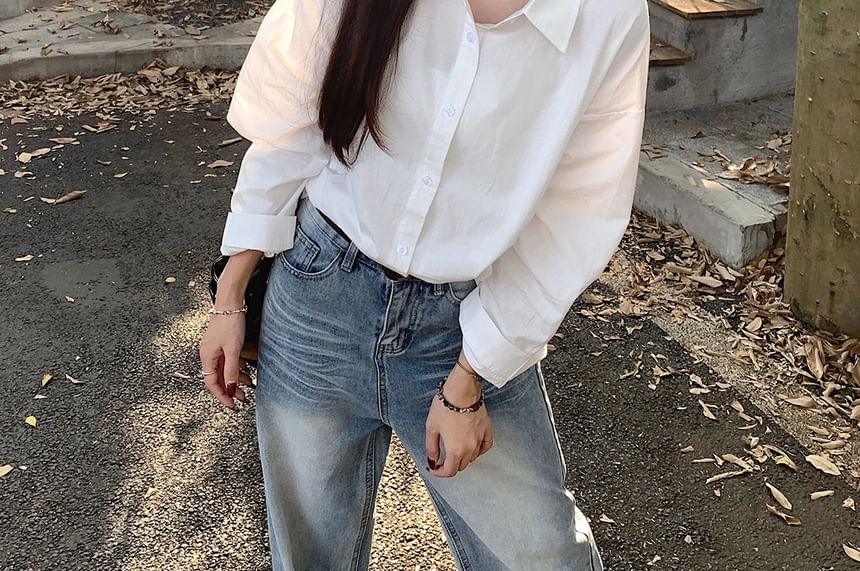 Loose-Fit Solid Long-Sleeve Button-Down Shirt