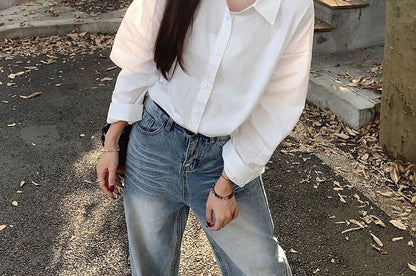 Loose-Fit Solid Long-Sleeve Button-Down Shirt