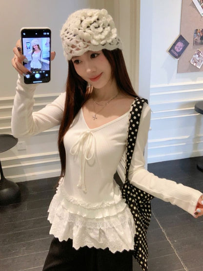 V-Neck Lace-Trimmed Fitted Top with Tie Front