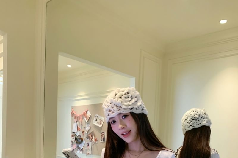 V-Neck Lace-Trimmed Fitted Top with Tie Front