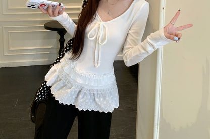 V-Neck Lace-Trimmed Fitted Top with Tie Front