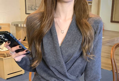 Wrapped V-Neck Knit Top with Long Sleeves