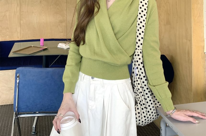 Wrapped V-Neck Knit Top with Long Sleeves