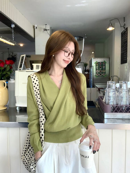 Wrapped V-Neck Knit Top with Long Sleeves