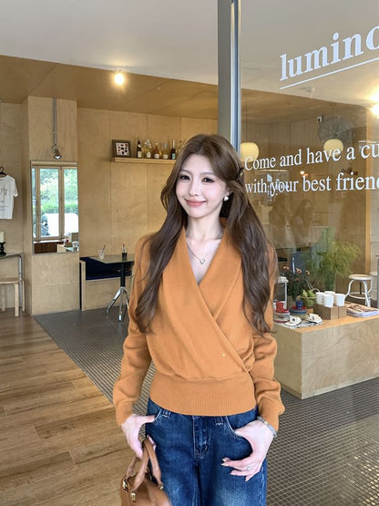 Wrapped V-Neck Knit Top with Long Sleeves