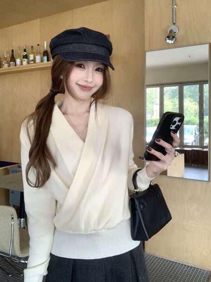Wrapped V-Neck Knit Top with Long Sleeves