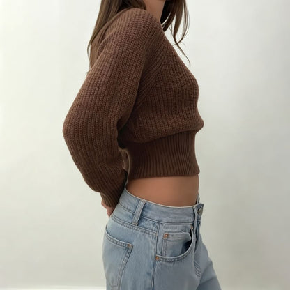 Cropped V-Neck Sweater in Solid Color