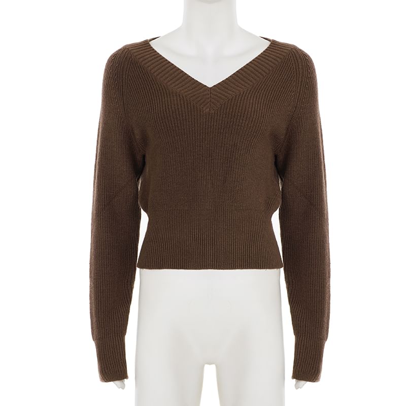 Cropped V-Neck Sweater in Solid Color