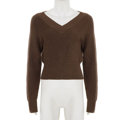 Cropped V-Neck Sweater in Solid Color