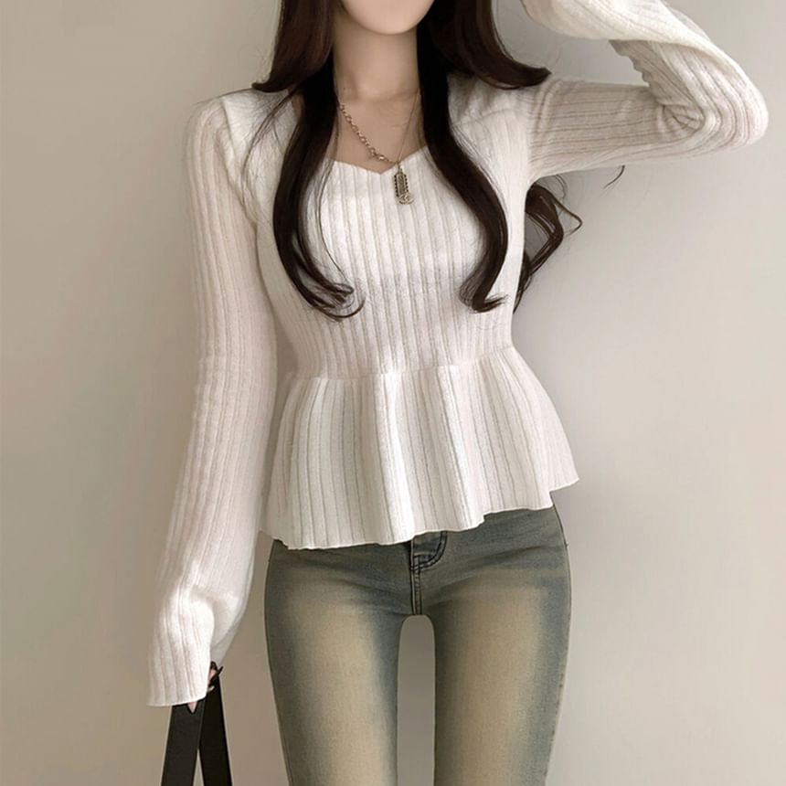 Ribbed Peplum Tee with Solid Finish