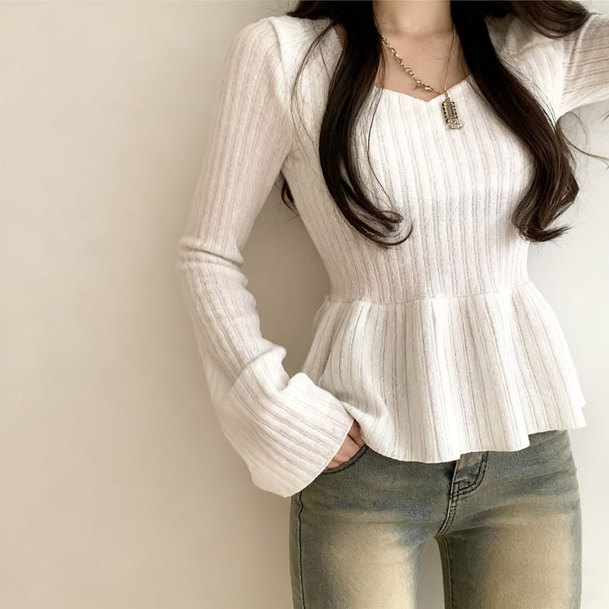Ribbed Peplum Tee with Solid Finish