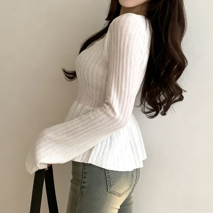 Ribbed Peplum Tee with Solid Finish