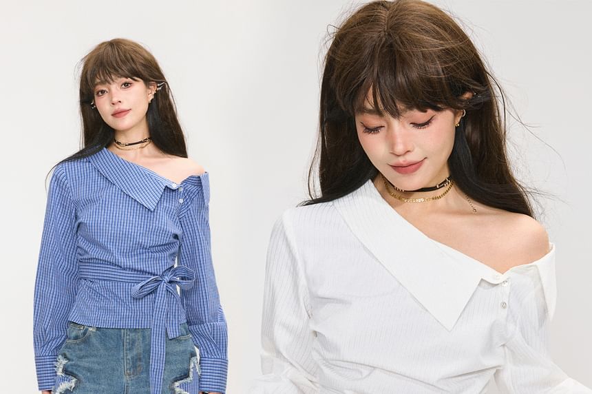 Striped Off-Shoulder Blouse with Tie Waist