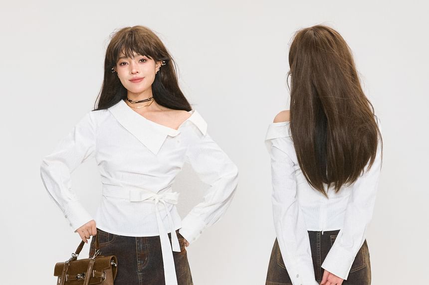 Striped Off-Shoulder Blouse with Tie Waist
