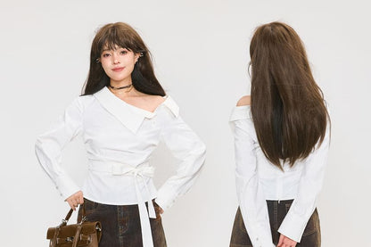 Striped Off-Shoulder Blouse with Tie Waist