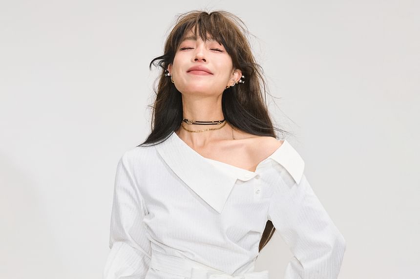 Striped Off-Shoulder Blouse with Tie Waist