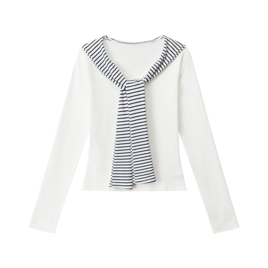 Striped V-Neck Tie-Front Fitted Tee with Long Sleeves