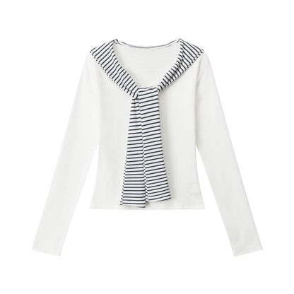 Striped V-Neck Tie-Front Fitted Tee with Long Sleeves