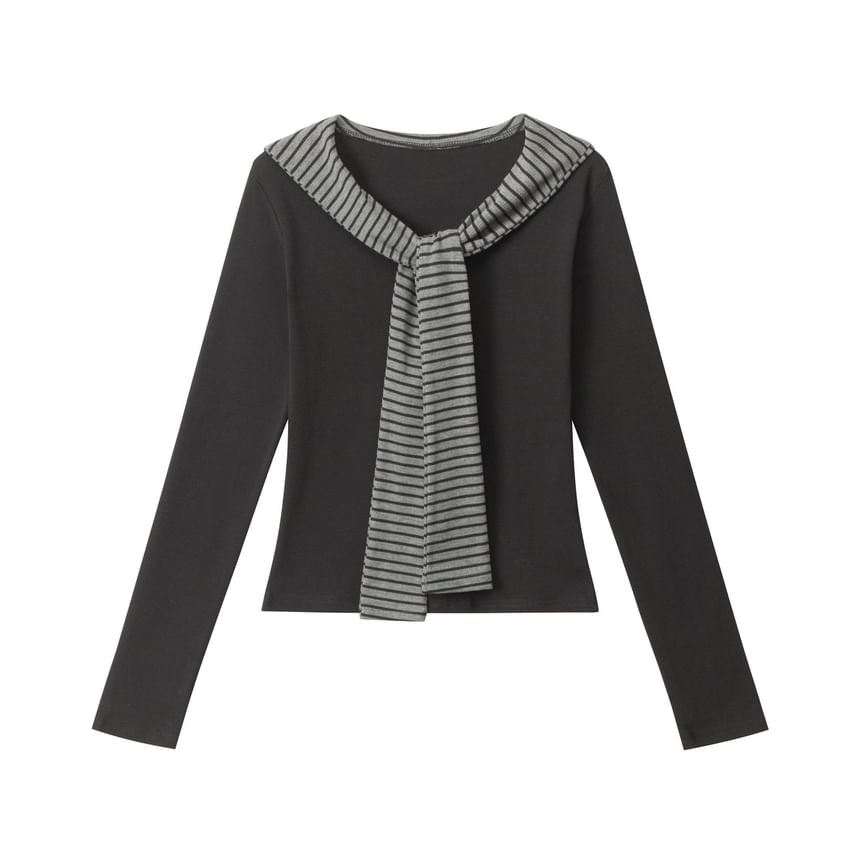 Striped V-Neck Tie-Front Fitted Tee with Long Sleeves
