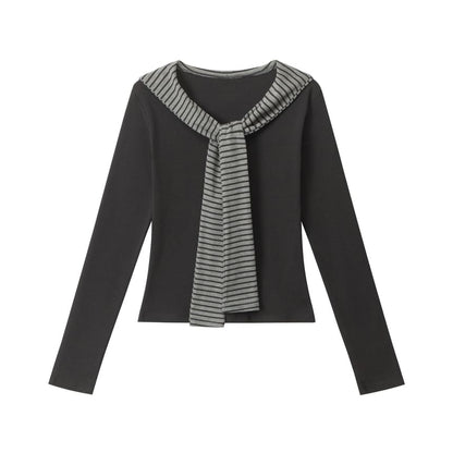 Striped V-Neck Tie-Front Fitted Tee with Long Sleeves