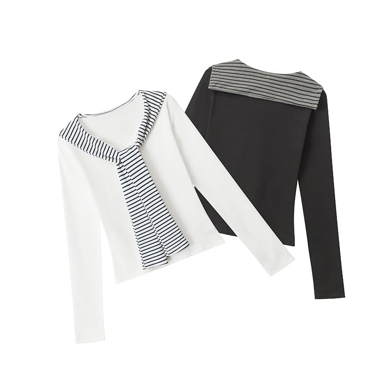 Striped V-Neck Tie-Front Fitted Tee with Long Sleeves