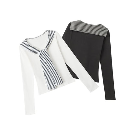 Striped V-Neck Tie-Front Fitted Tee with Long Sleeves