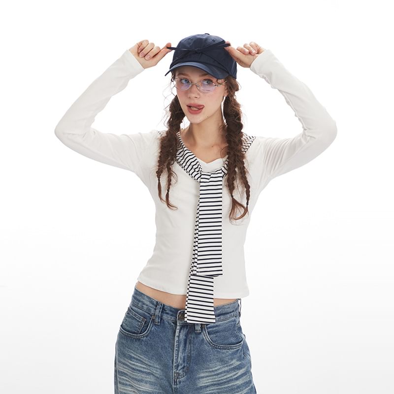 Striped V-Neck Tie-Front Fitted Tee with Long Sleeves