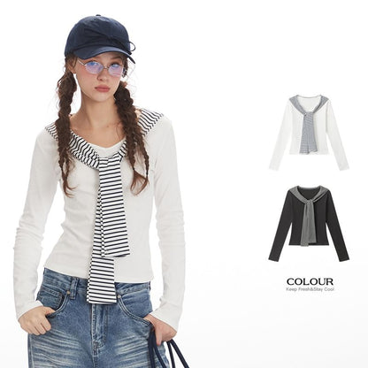 Striped V-Neck Tie-Front Fitted Tee with Long Sleeves