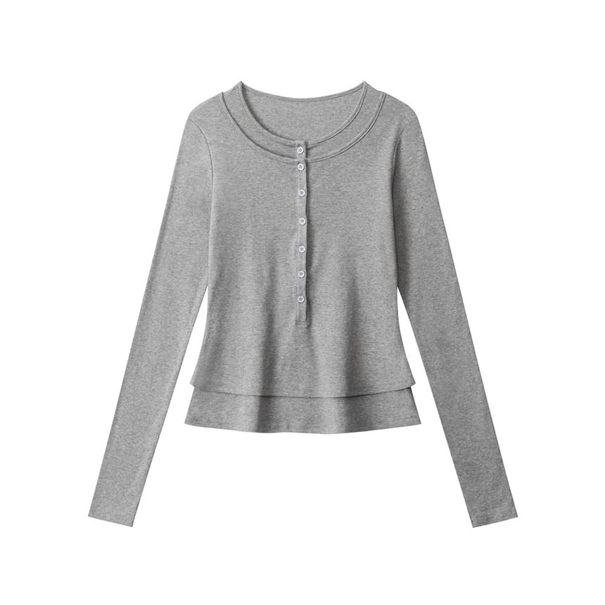 Layered Henley Tee with Long Sleeves and Round Neckline