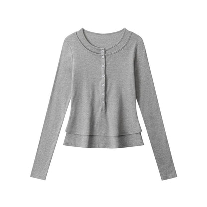Layered Henley Tee with Long Sleeves and Round Neckline