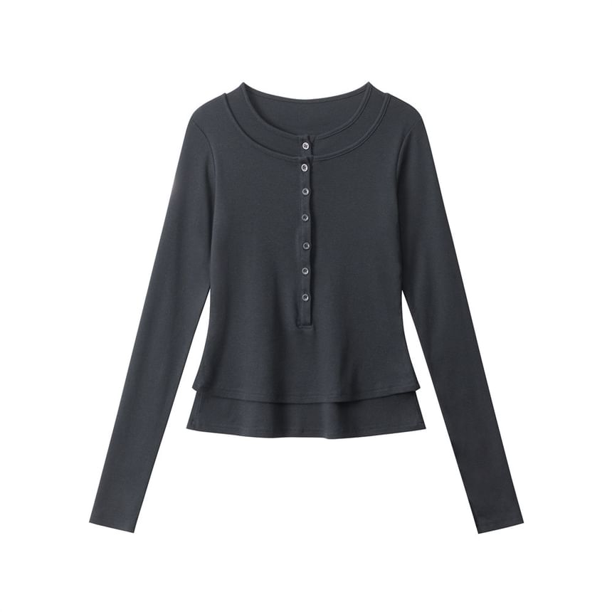 Layered Henley Tee with Long Sleeves and Round Neckline