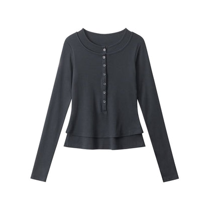 Layered Henley Tee with Long Sleeves and Round Neckline