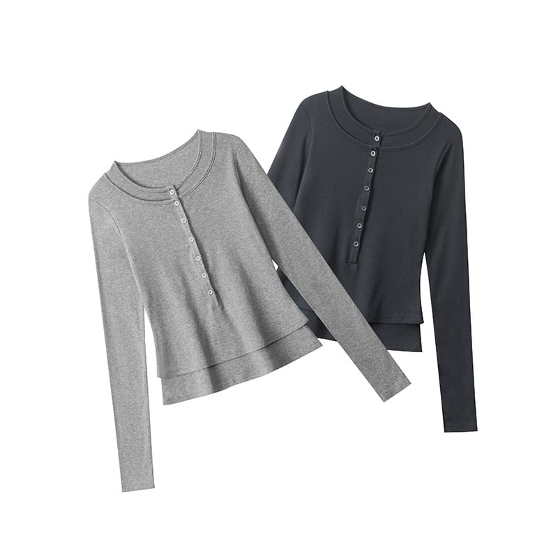 Layered Henley Tee with Long Sleeves and Round Neckline