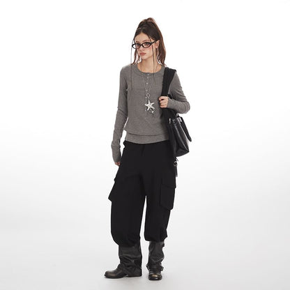 Layered Henley Tee with Long Sleeves and Round Neckline