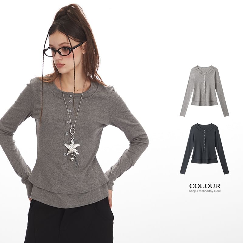 Layered Henley Tee with Long Sleeves and Round Neckline