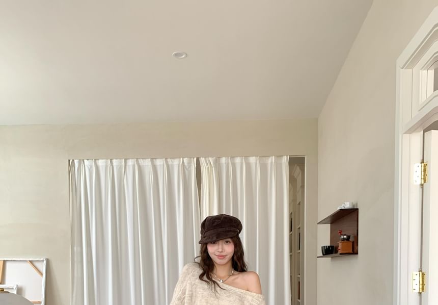 Distressed Boat Neck Knit Top with Belt