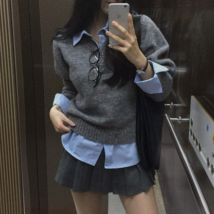 Collar Henley Sweater with Mock Two-Piece Style