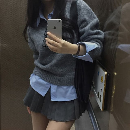 Collar Henley Sweater with Mock Two-Piece Style