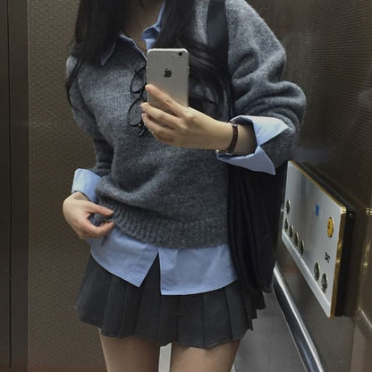 Collar Henley Sweater with Mock Two-Piece Style