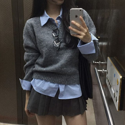Collar Henley Sweater with Mock Two-Piece Style